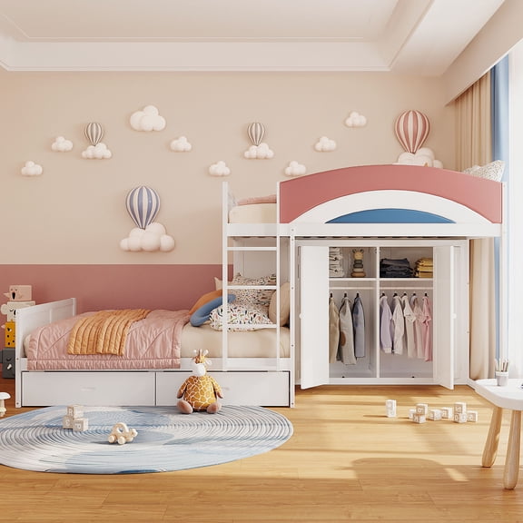 Mintazer Full Over Full Bunk Bed with Wardrobe & 2 Drawers, Platform Bed with Rainbow Guardrail for Kids Bedroom, White