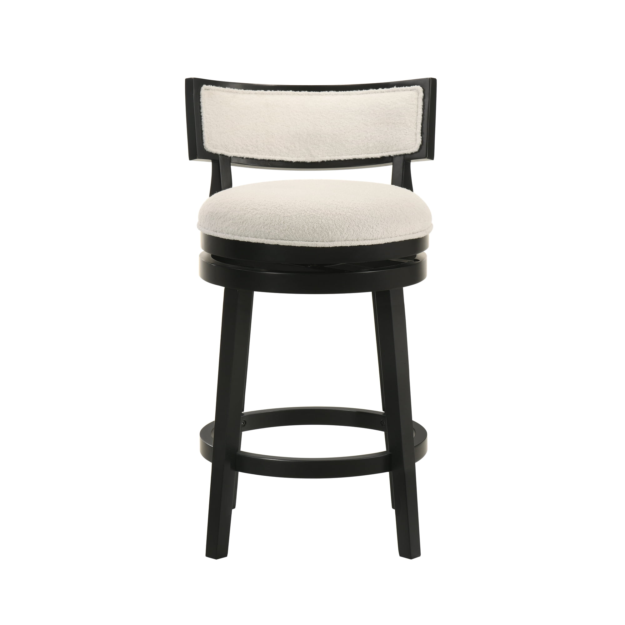 Noely Modern Farmhouse Swivel Wood Counter Height Kitchen Bar Stool in Black Finish with White Boucle Fabric Upholstered Seat - Set of 4