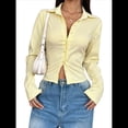thumbnail image 3 of Camisa Corta A Rayas con Botones para Mujer, Blusa Ajustada de Larga, Camisa de Trabajo Amarillo XXL, 3 of 9
