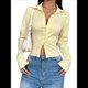 thumbnail image 3 of Camisa Corta A Rayas con Botones para Mujer, Blusa Ajustada de Larga, Camisa de Trabajo Amarillo XL, 3 of 9