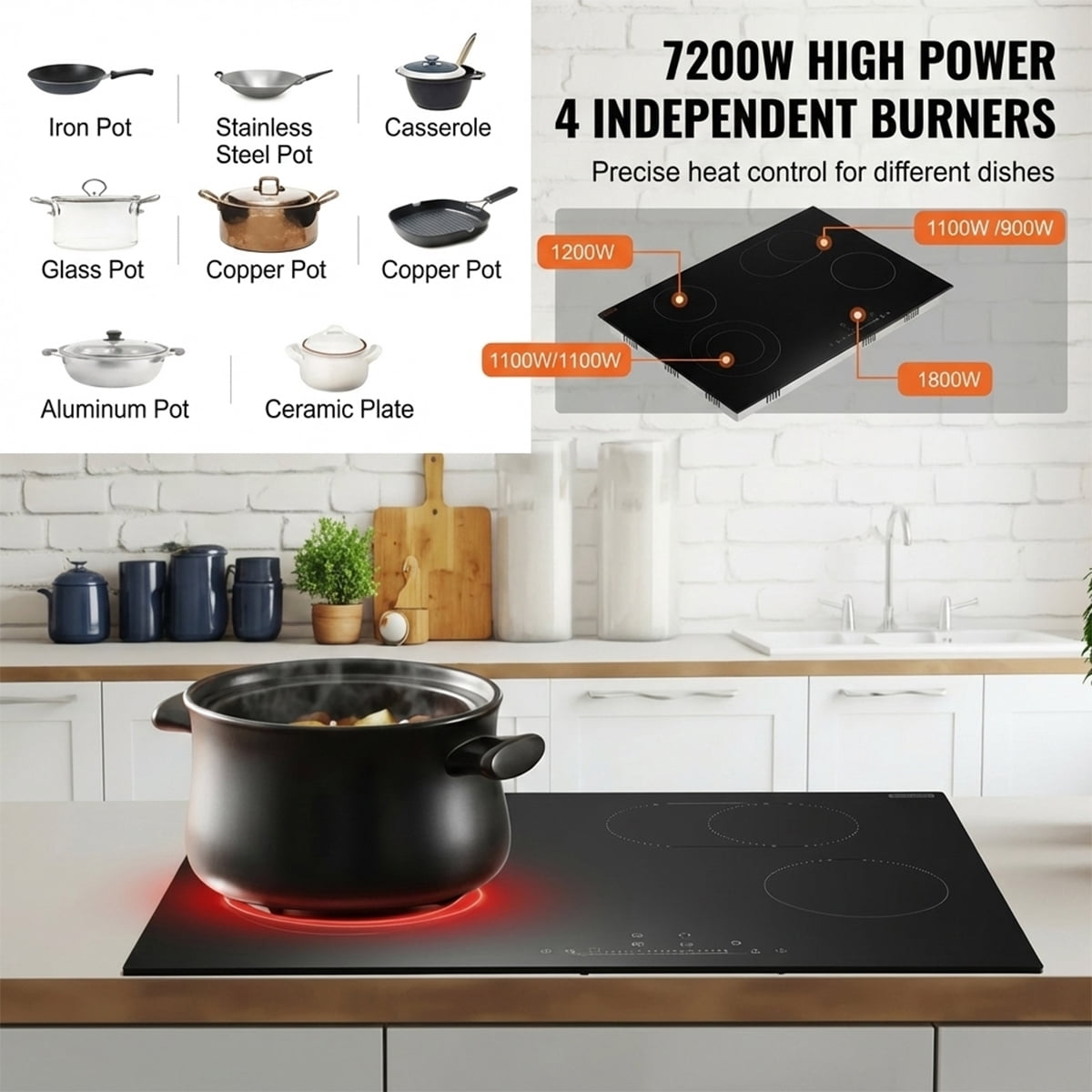30 Inch Built-In Electric Cooktop, 4 Burner Ceramic Glass Cooktop with Knob Control - 7200W, 11 Heat Levels, 240V Hardwired Installation (No Plug)
