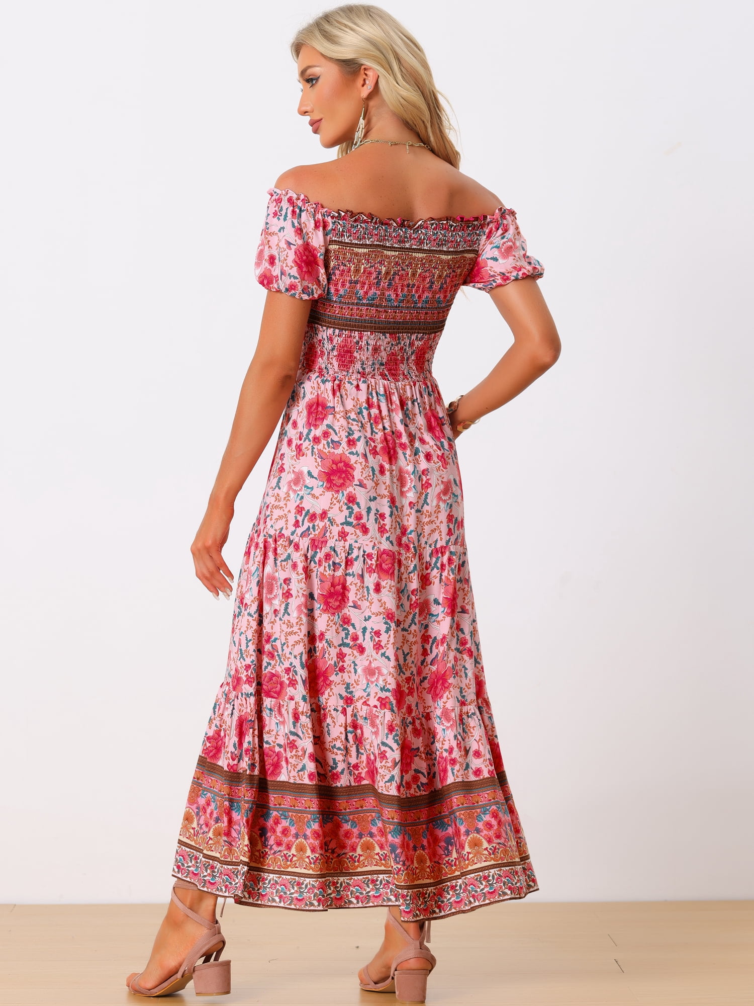 DARING DIVA Boho Floral Dress Midi Smocked Dress L Pink