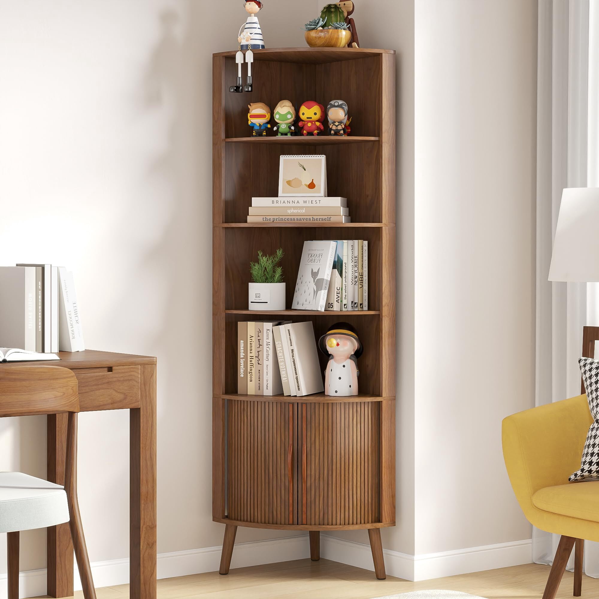 Modern Corner Cabinet, 66.7" Tall Bathroom Storage Cabinet with 2 Fluted Doors & Shelves for Kitchen, Living Room, Walnut