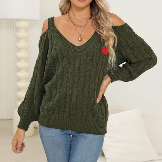 Suéter de cuello en V para mujer, moda de gran tamaño, cuello alto, manga larga, hombros descubiertos, suéter holgado, blusa de dacrón para mujer