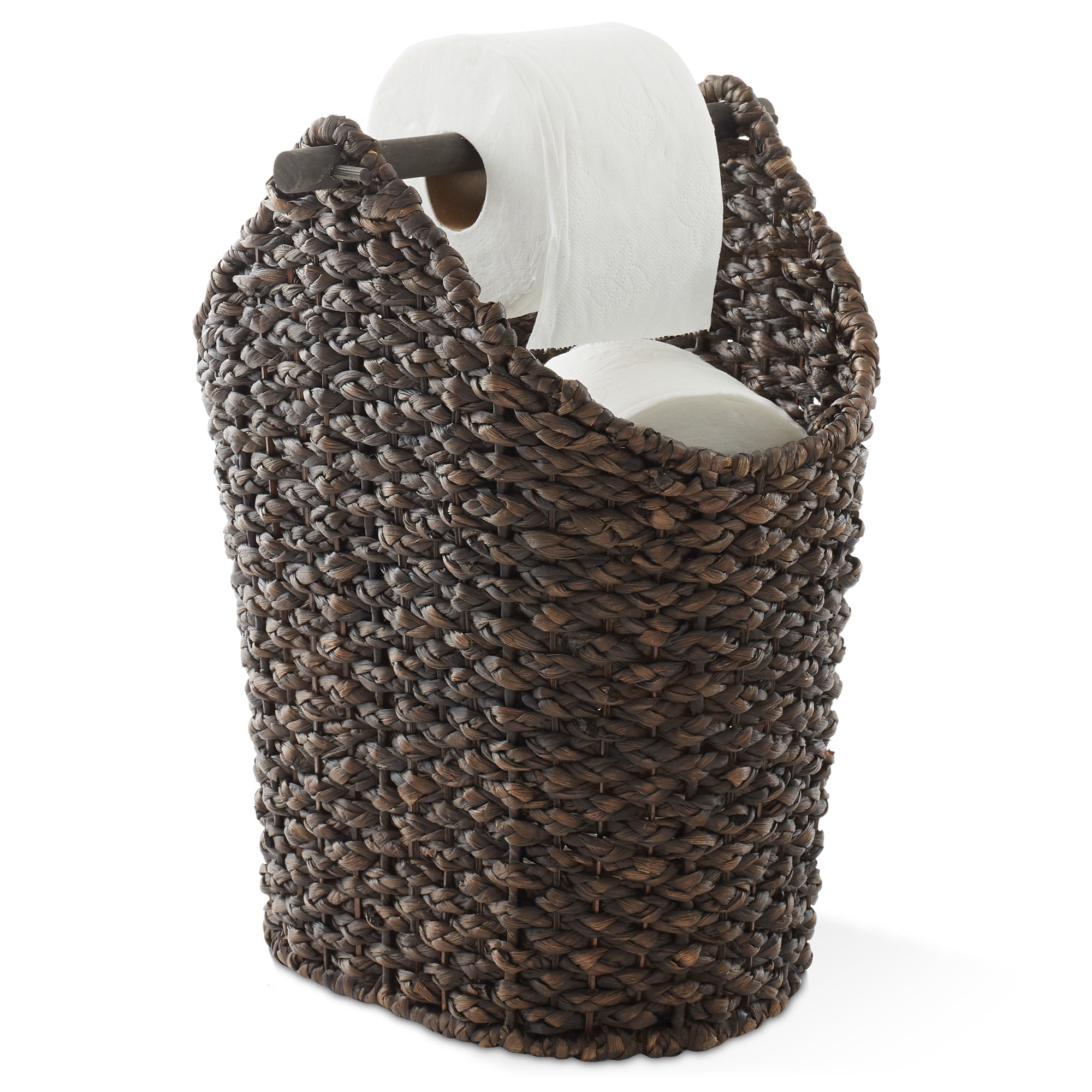 Casafield Toilet Paper Roll Holder Storage Basket with Wood Bar - Natural, Woven Water Hyacinth Wicker Bathroom Tissue Storage Organizer