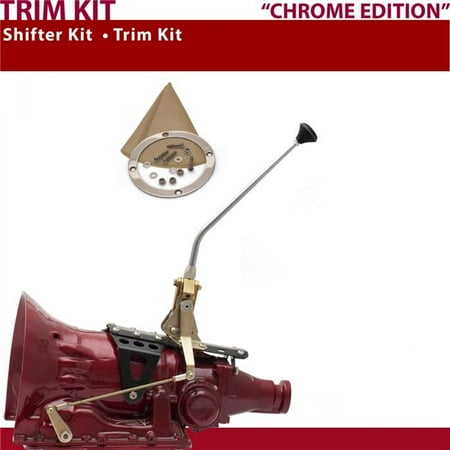 American Shifter C6 Shifter Kit 12 in. Trim Kit Chrome Dual Shift Tan Boot Ringed Knob for CD097