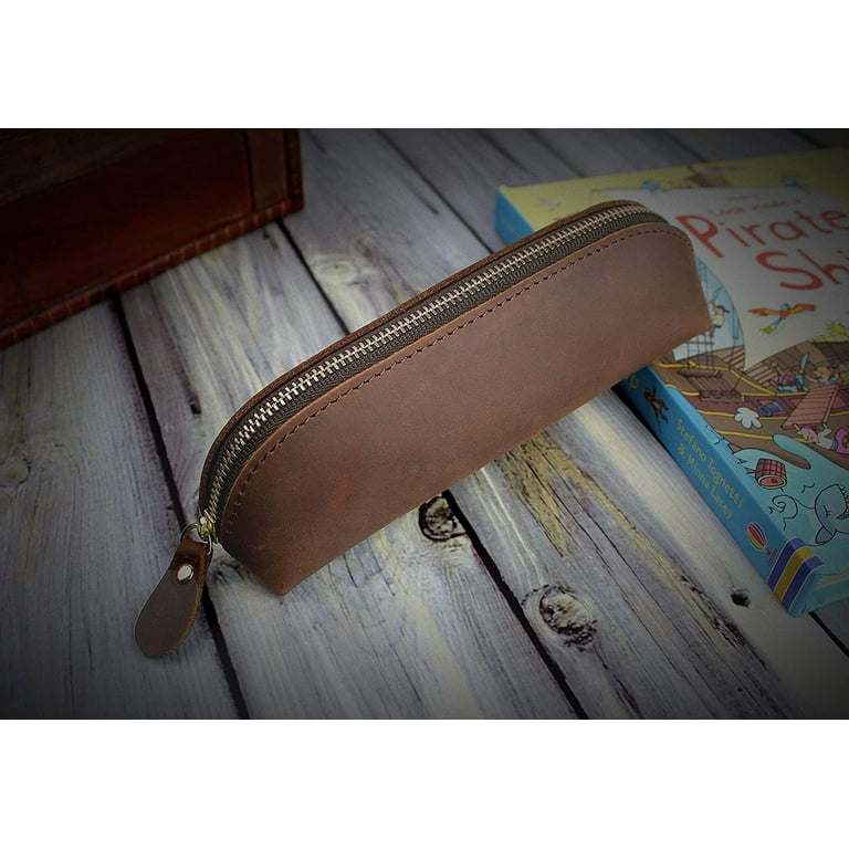 Leather Zippered Small Pencil Pouch/Cosmetic Case - Brown