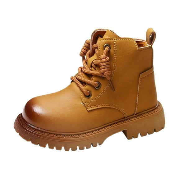 SZJXBUY Toddler Boys Boots Lace Up leather Ankle Boot Comfort Waterproof Lug Sole Non-Slip Flat Low Heel Chunky Outdoor Shoes Yellow,7 Years