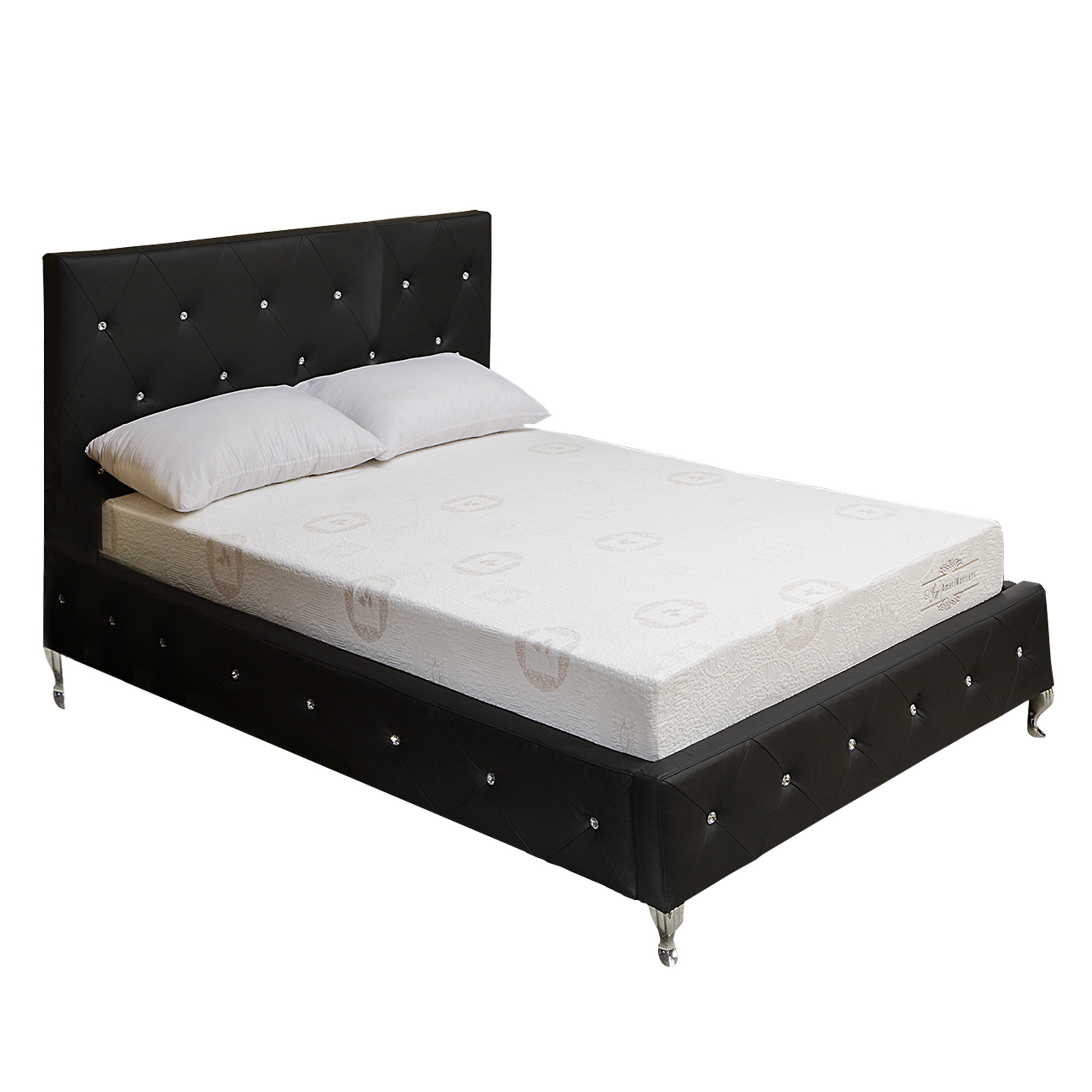 Queen Leatherette Bed with Crystal Tufted Headboard and Footboard