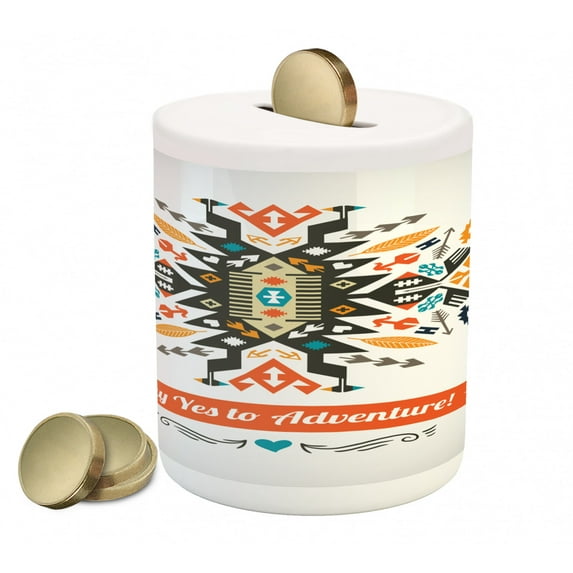 Tribal Piggy Bank, Modern Design with Details Yes to Adventure Wordsd White Backdrop Art, Ceramic Coin Bank Money Box for Cash Saving, 3.6" X 3.2", Multicolor, by Ambesonne