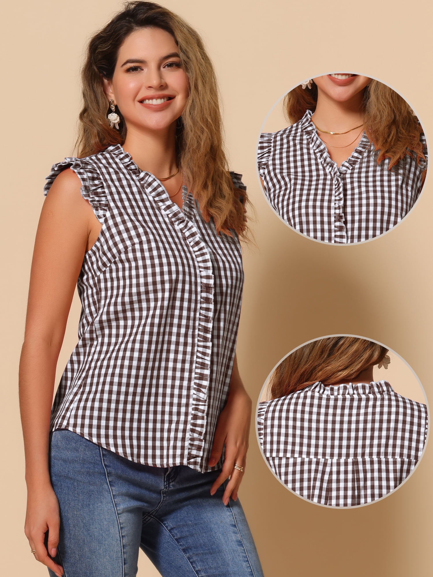 DARING DIVA Women's Ruffle Shirt Vintage Cap Sleeve Checkered Blouse S Brown
