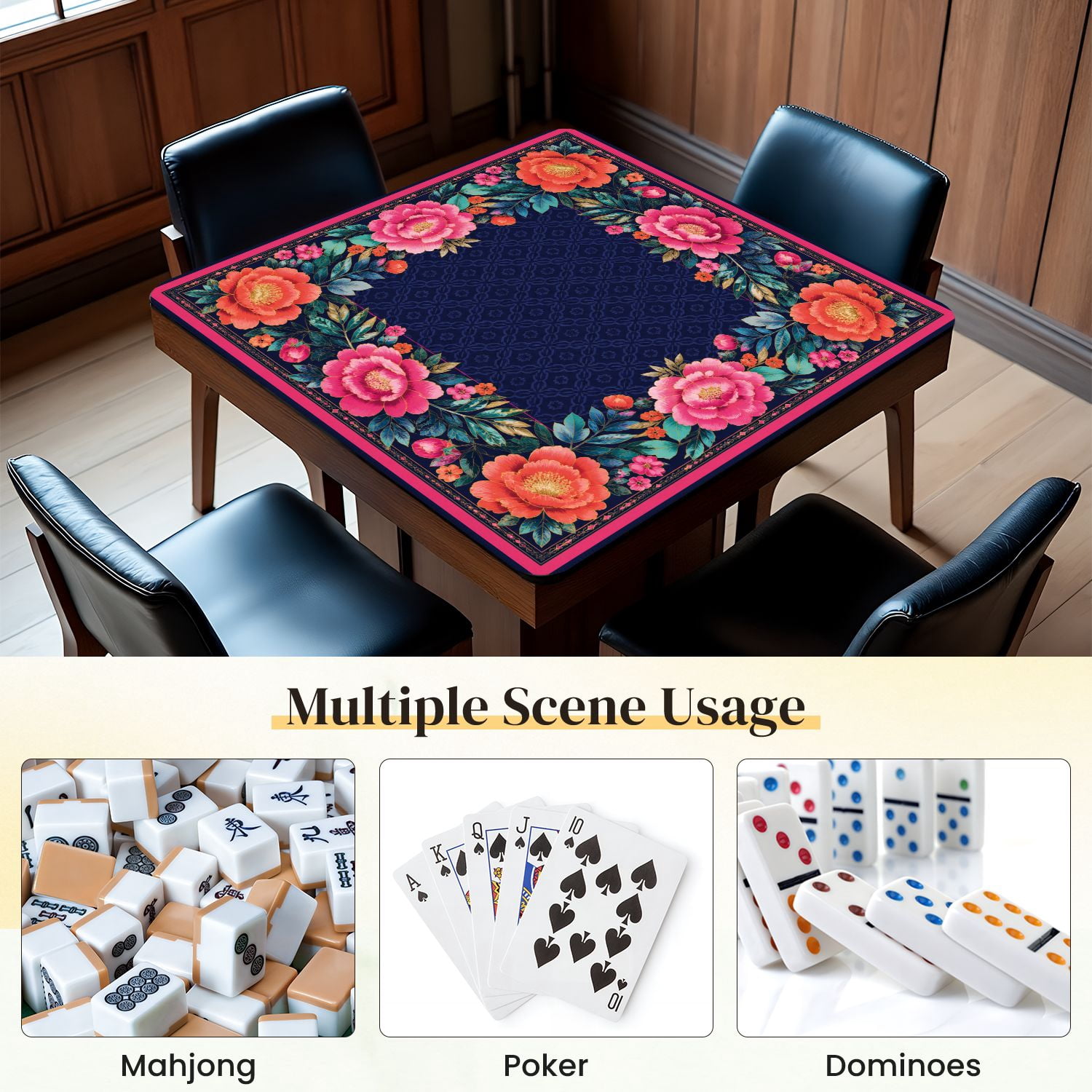 Mahjong Mat 31.5" x 31.5" Floral Vibrant Pink Orange Peonies Dark Blue Non-Slip Noise Reduction Mahjong Tiles Table Cover for Dominoes Poker Card Board and Tile Games