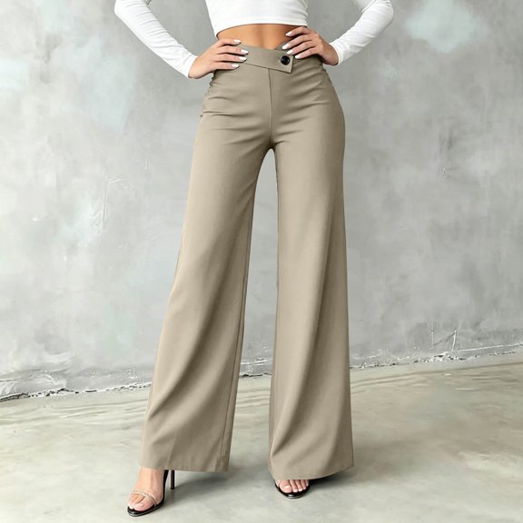 Women's Wide Leg Work Pants, Asymmetric Waist Button High Waist Elegant Trousers, Relaxed Fitting Bottoms for Streetwear Khaki 3XL