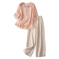 thumbnail image 2 of Women's 2 Piece Set, Embroidered Round Neck Top and Wide Leg Pants, Cotton Linen Matching Outfit for Casual Wear, Daily Outfits, Vacation, and Lounge-Pink, 2 of 9