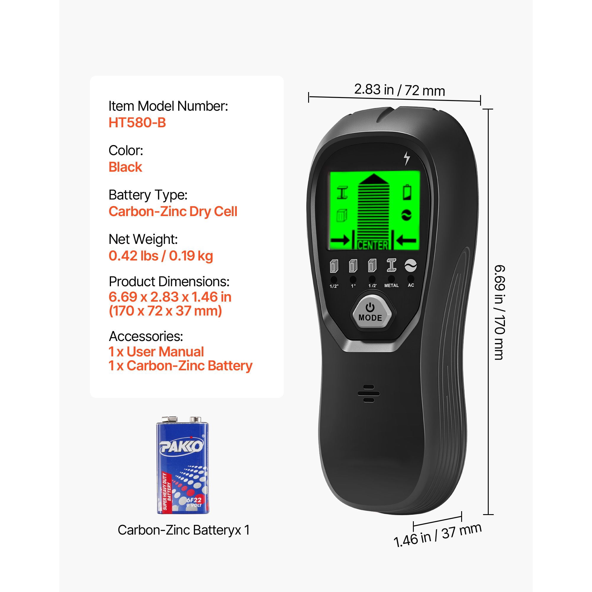 Stud Finder Wall Scanner, 5 in 1, Electronic Wall Stud Detector with Smart Sensor, High-Definition LCD Display and Audio Alarm, for the Center and Edge of Metal, AC Wire, Joists, Pipes, Black