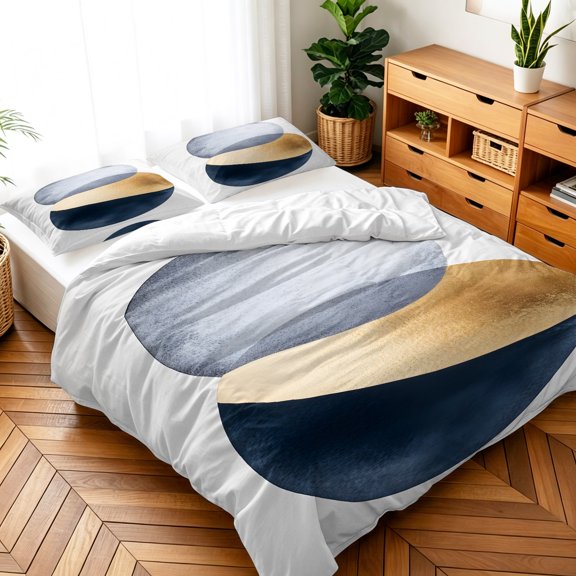 Queen Size 3 Pieces Duvet Cover Sets Blue Gold Gray Color Block Bedding Set,Microfiber Soft Comforter Cover with Pillow Shams,Luxury Quilt Covers for Bedroom Decor Bohemian Pattern