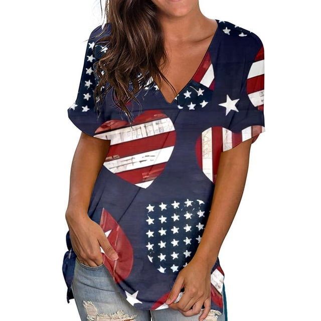 Hauts d'Été Grande Taille pour Femmes, T-Shirts Décontractés à Col Rond Imprimé, Manches Courtes, Blouse Ample, Col en V, en Liquidation