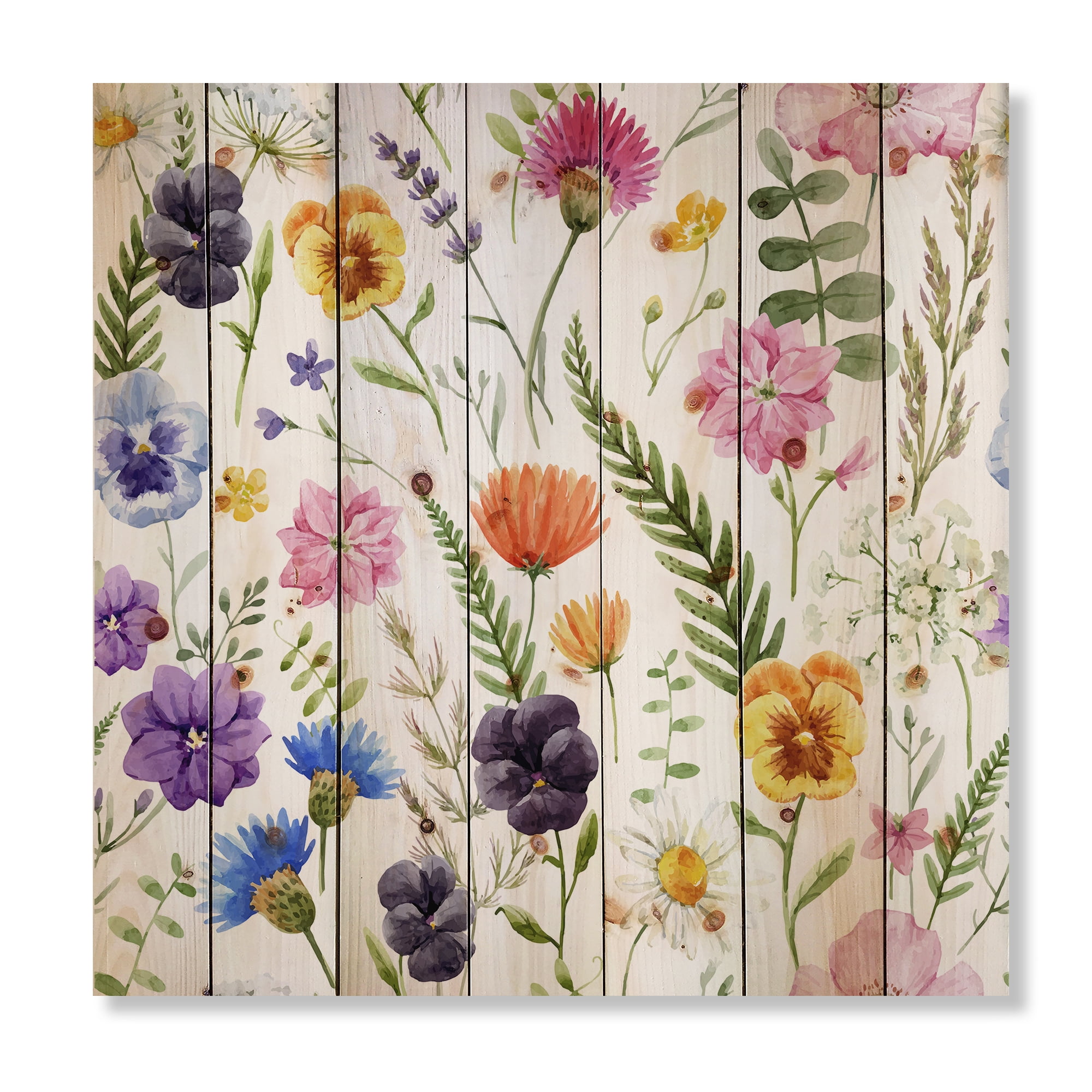 Designart 'Coloful Wildflowers Floral Pattern I' Traditional Print on Natural Pine Wood