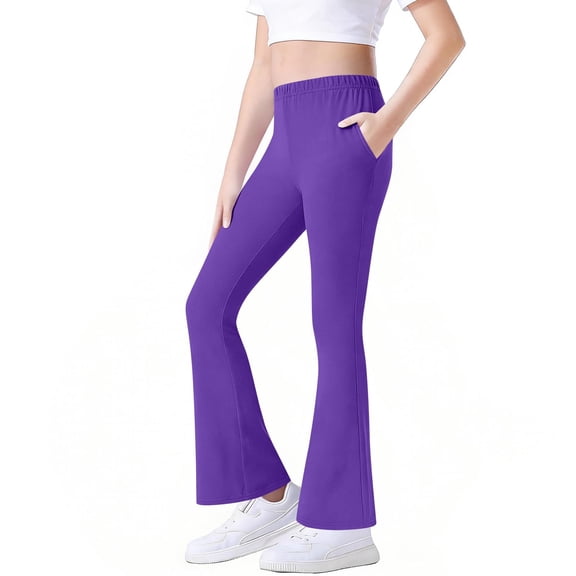 Resicozy Girls Leggings Flare Pants Cross High Waisted Yoga Pants for Kids Youth Full Length Bell Bottoms Legging with Pockets 4-16 Years Dark Purple 110