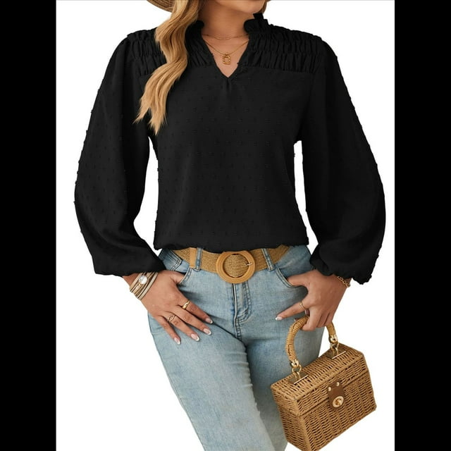 Blusa de Larga con Cuello en V para Mujer, Elegante, Informal, con Pompones, Estilo Primaveral. Negro XL