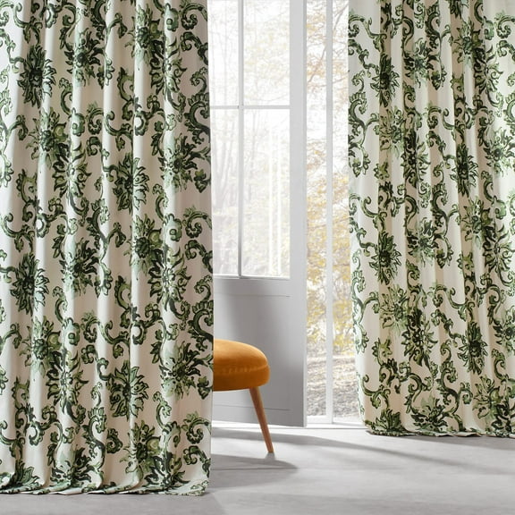 Indonesian Green Printed Cotton Twill Curtain (1 Panel), Indonesian Green, 50W X 108L