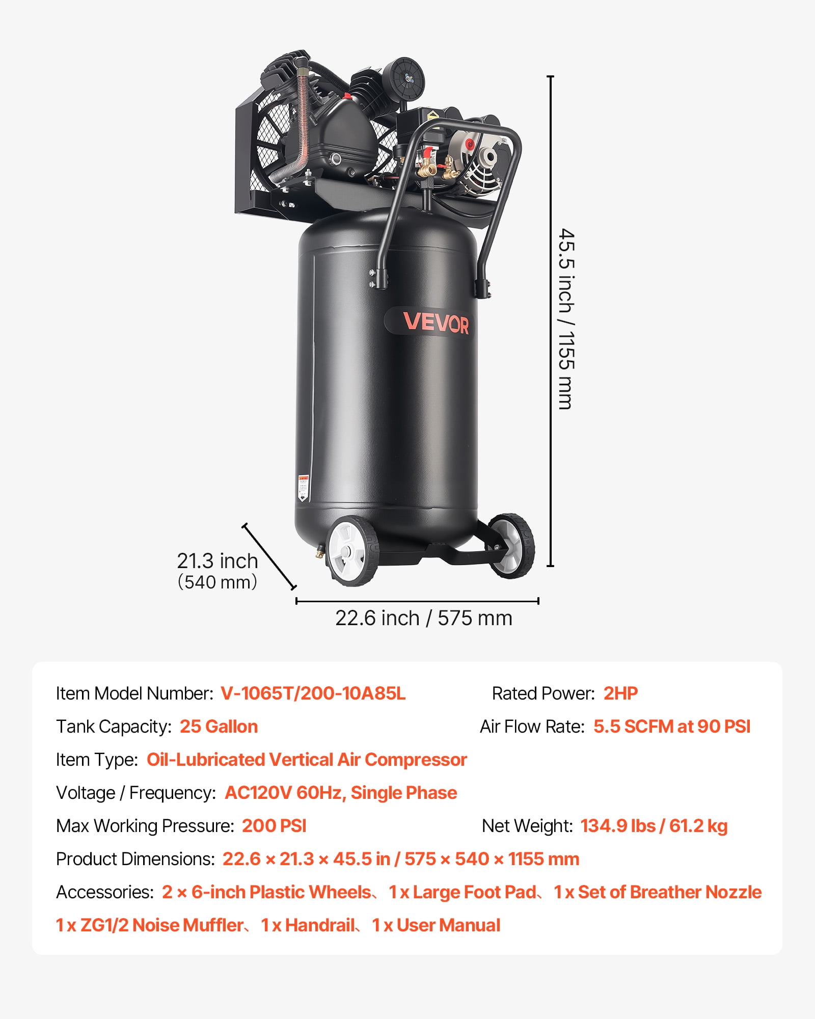 VEVOR 25-Gallon Air Compressor, 2HP 5.5 SCFM at 90PSI, Max 200PSI Pressure Oil-Lubricated Air Compressor Tank, Portable on Wheels for Auto Repair, Tire Inflation, Spray Painting,Woodwork Nailing,120V