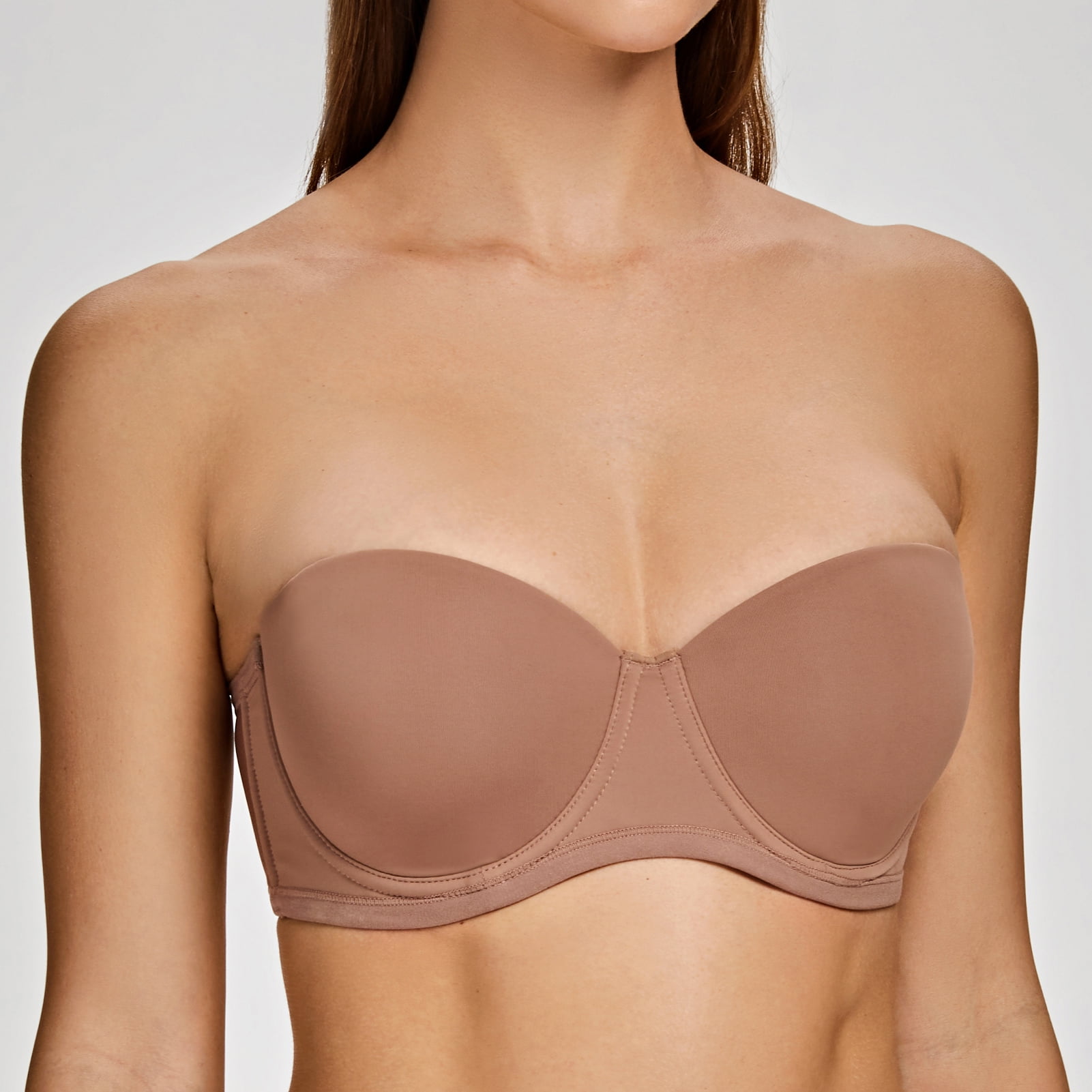 MELENECA Women's Strapless Bra for Large Bust Back Smoothing Plus Size with Underwire Brown 44E