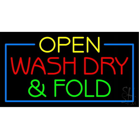 Open Wash Dry Fold Blue Border LED Neon Sign 20" Tall x 37" Wide - inches, Black Square Cut Acrylic Backing, with Dimmer - Bright and Premium built indoor LED Neon Sign for Storefront.
