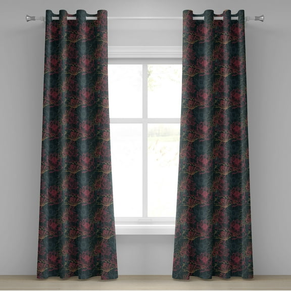 Ambesonne Lotus Grommet Curtain, Concept of Flowers of Asia, 50" x 108", Dark Coral Slate Blue