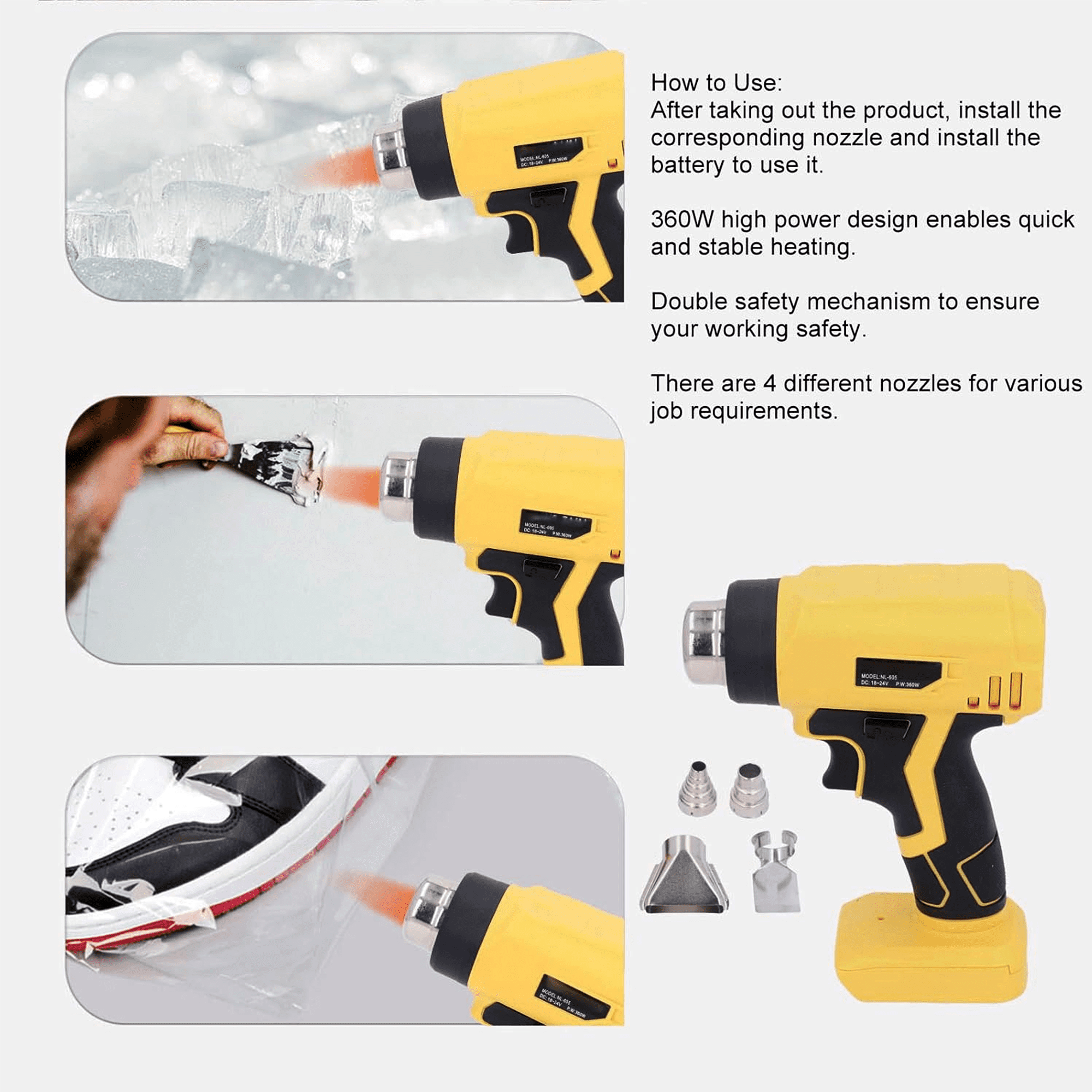 Cordless Heat Gun Compatible with Dewalt 20V Battery, 360W Fast Heating Hot Air Gun Variable Temperature 122℉-1022℉, for Shrink Tubing, Paint Removal, Tube Bending (Tool Only, NO Battery)