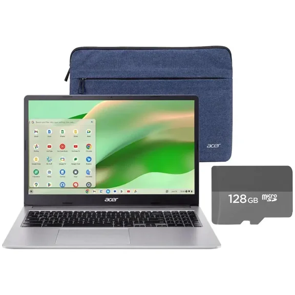 Acer Chromebook 15.6" Full HD Laptop | Intel Celeron N4500 | Integrated UHD Graphics | Protective Sleeve| Silver | 4GB RAM | 192GB(64GBSSD 128GB SD card) | Chrome OS | Bundle with 128GB SD card