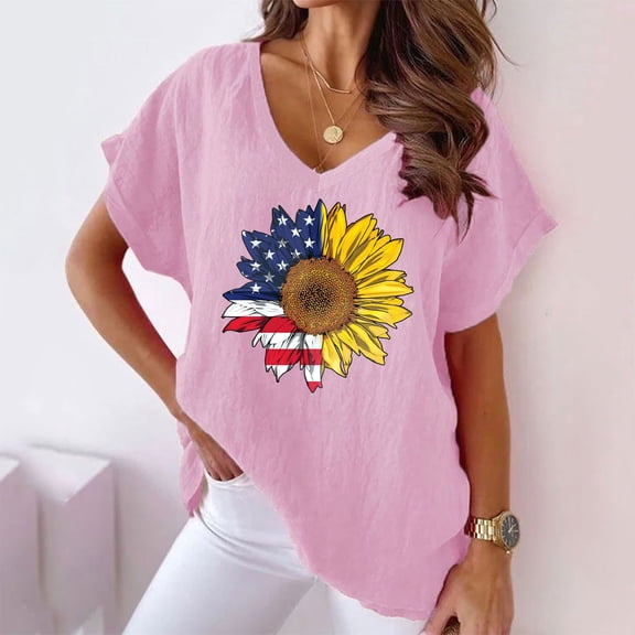 Up to 65 off!Lolmot Women Sunflower American Flag Shirts Summer Loose Fit Stars Stripes T Shirt Short Sleeve Patriotic Graphic Tees Tops Teen Girl Clothes
