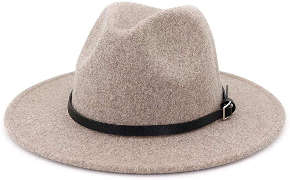 Womens Classic Wool Fedora with Belt Buckle Wide Brim Panama Hat 