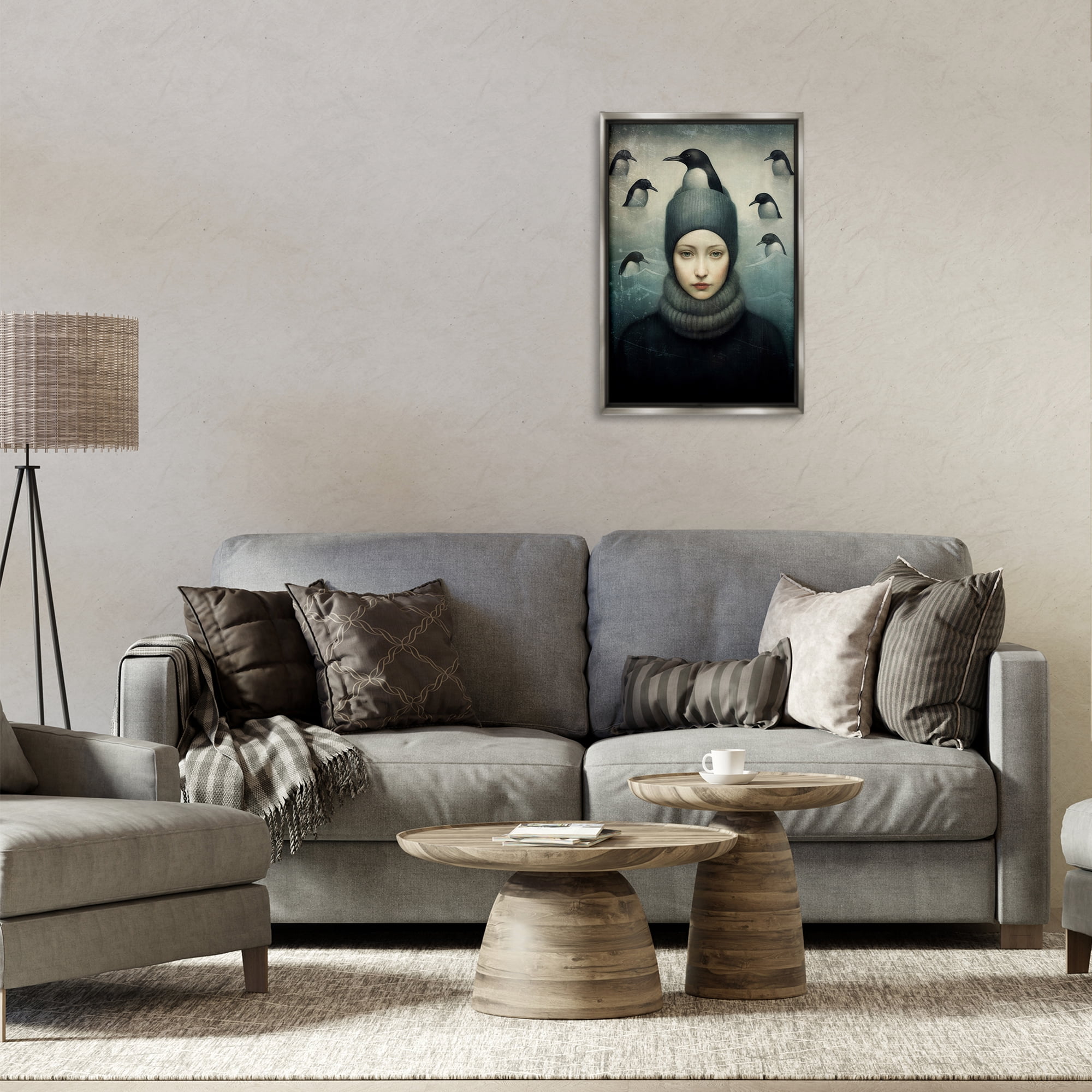 Stupell Industries Peeking Penguins & Woman People Painting Gray Floater Framed Canvas Art Print Wall Art, 17 x 25