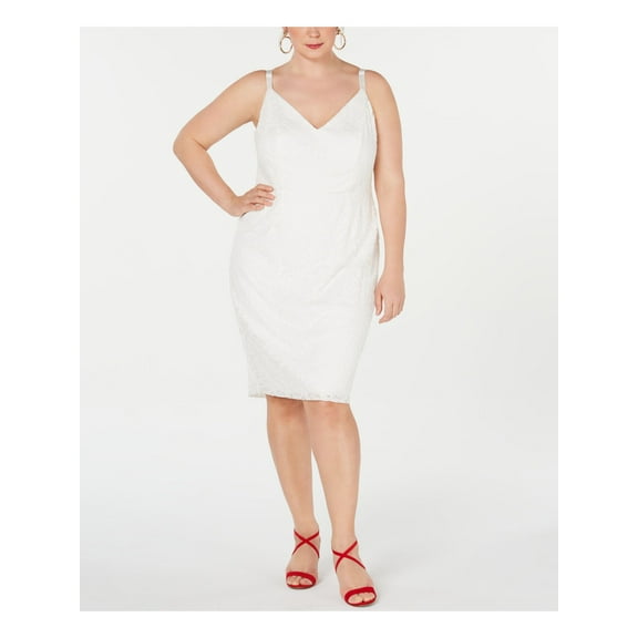 EMERALD SUNDAE Womens Ivory Lace Spaghetti Strap V Neck Knee Length Cocktail Body Con Dress Plus 2X