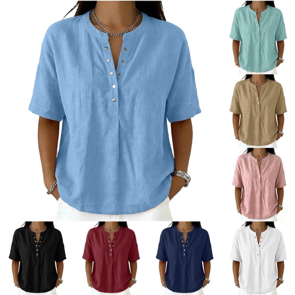 Oksale Cotton Tshirt Women Casual Snap Button Up Summer Tops Cozy Lightweight Short Sleeve Vacation Clothes Navy S