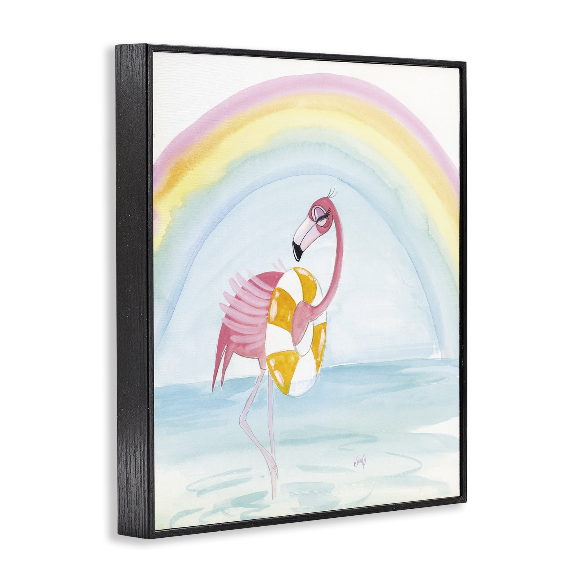 Stupell Industries Summer Beach Flamingo Coastal Painting Black Framed Art Print Wall Art, 16 x 20