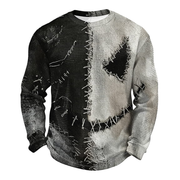 Fabrcox S-5XL Halloween Shirts for Men Spooky Pumpkin Face Patchwork Sweatshirt Men Crewneck Funny Fall Waffle Knit Big and Tall Pullover L