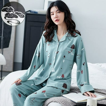 

QWZNDZGR Spring Autumn Black Knitted Cotton Elegant Lady Women Pajama Sets Sleep&Lounge Plaid Pants Pajamas Women s Fashion Sleepewear