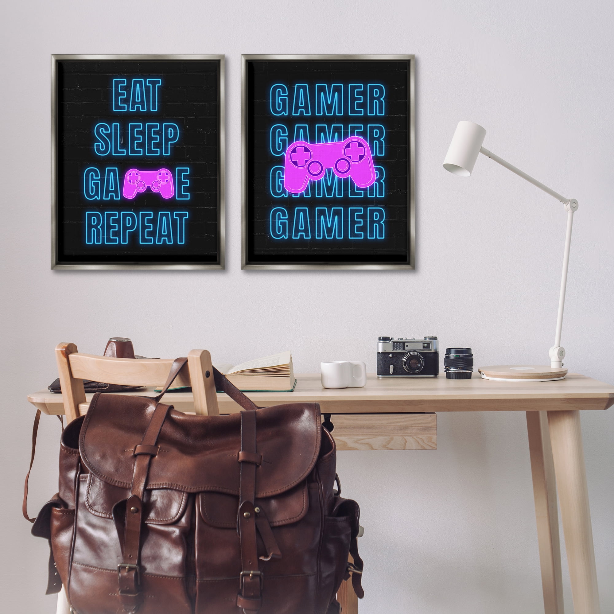 Stupell Industries Neon Gamer Eat Sleep Entertainment Painting Gray Floater Framed Canvas Art Print Wall Art, 31 x 25, Set of 2