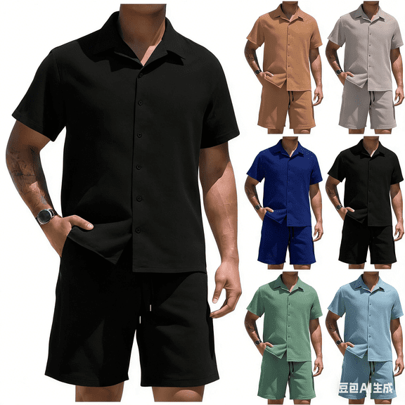 Purcolt Men's Summer Textured Outfits 2 Piece Short Sleeve Button Down Shirts and Shorts Beach Vacation Lounge Sets