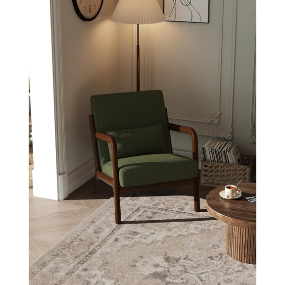 Mid-Century Modern Accent Chair, Fine Wale Corduroy Upholstery, Solid Wood Armchair with Removable Lumbar Pillow, Sturdy Reading Chair for Living Room, Bedroom, Guest Room, Easy Assembly, Green