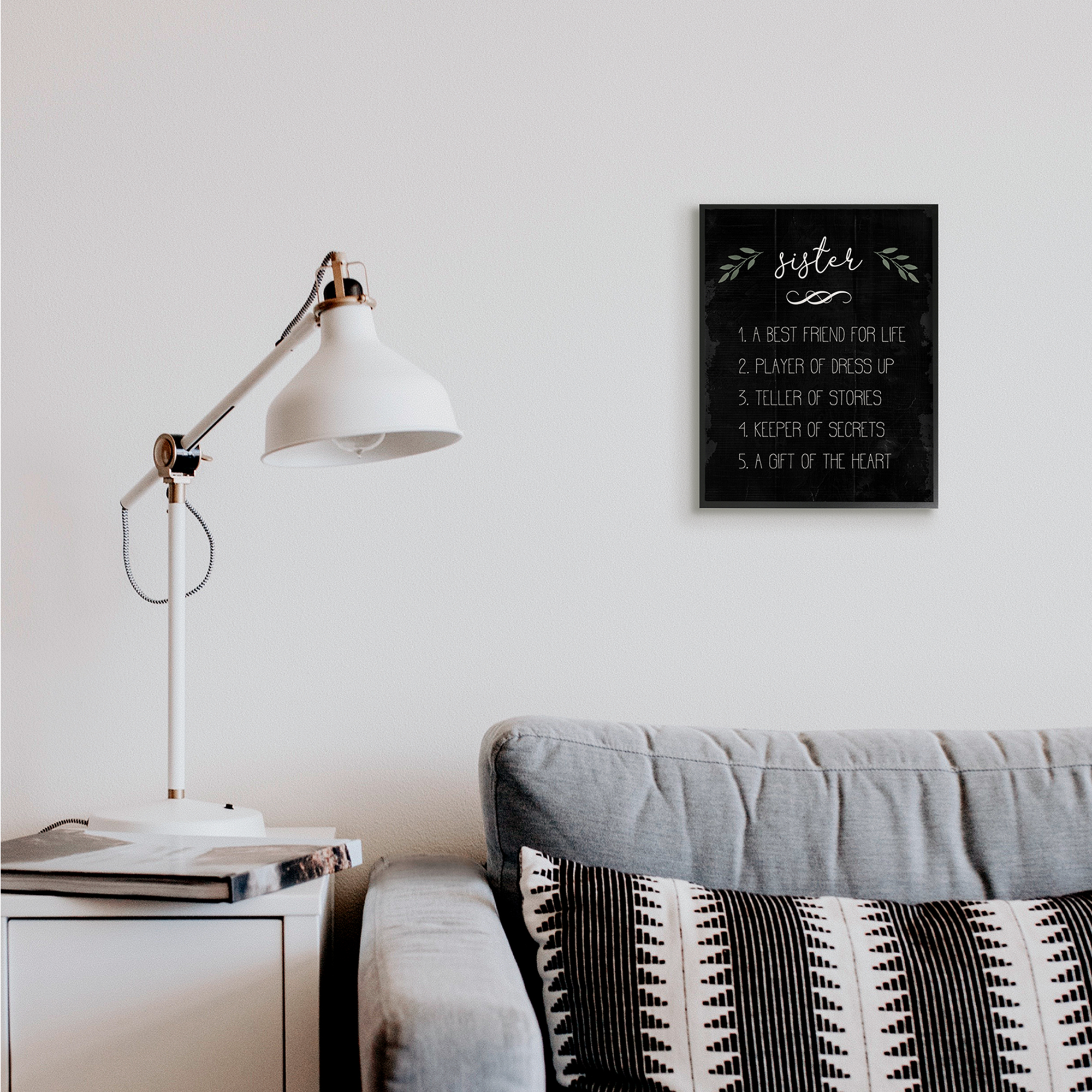 Stupell Industries Sister Facts Family Phrases Distressed Black Pattern Inspirational Painting Black Framed Art Print Wall Art, 11 x 14