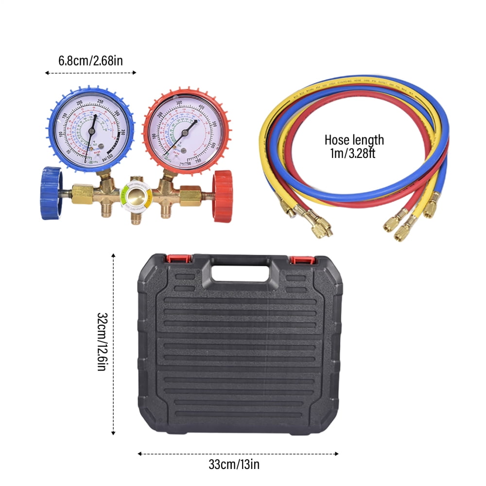 AC Gauge Set, 3-Way AC Manifold Gauge Set for R134A, R22, R12, R502 Refrigerants – Freon Gauges Include 3.28 ft Hoses, Couplers, and Can Tap for Car Auto Freon Charging and Evacuation