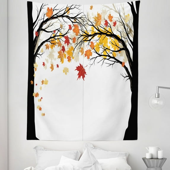 Autumn Tapestry, Framework with Black Tree Silhouettes and Dried Leaves Autumn Season Nature Forest, Fabric Wall Hanging Decor for Bedroom Living Room Dorm, 5 Sizes, Multicolor, by Ambesonne
