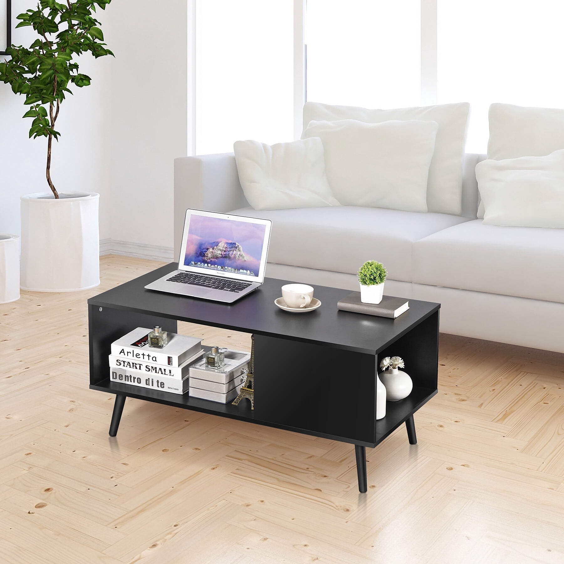 HomGarden Wood Coffee Table, Modern Console Sofa Side Table Cocktail Table Black