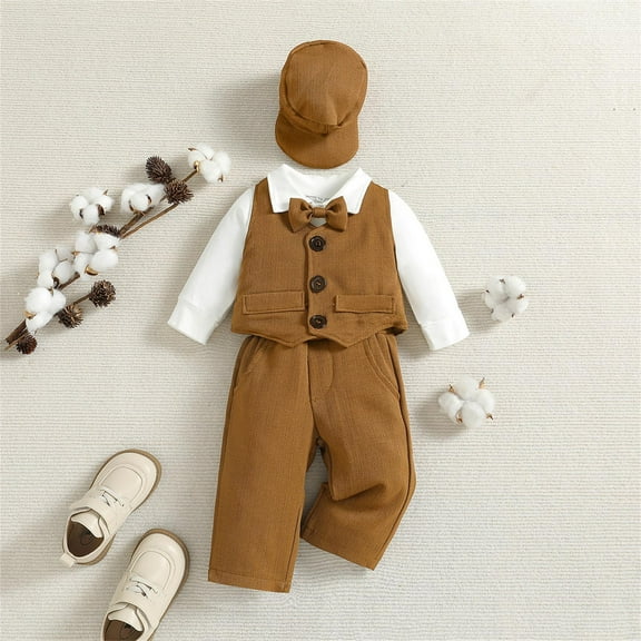 Wancir Baby Boy 4 Piece Formal Outfit Suit Gentleman Dress Shirt Waistcoat Bowtie Tuxed Pants Hat Set for Wedding 0-2T