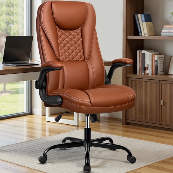 COOLHUT Big and Tall Office Chair, Executive Home Office Desk Chairs, Ergonomic Computer Faux Leather Desk Chair with Adjustable Flip-Up Arms, Lumbar Support Swivel Task Chair, Brown
