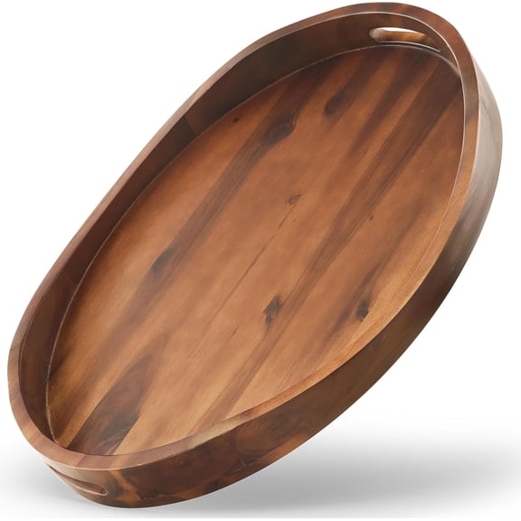 TIDITA Acacia Wood Ottoman Tray with Handles - 20" x 15" Round - Large Oval Serving Trays for Living Room -Wooden Trays Decorative for Kitchen Counter, Coffee Table, Breakfast in Bed (Walnut Color)