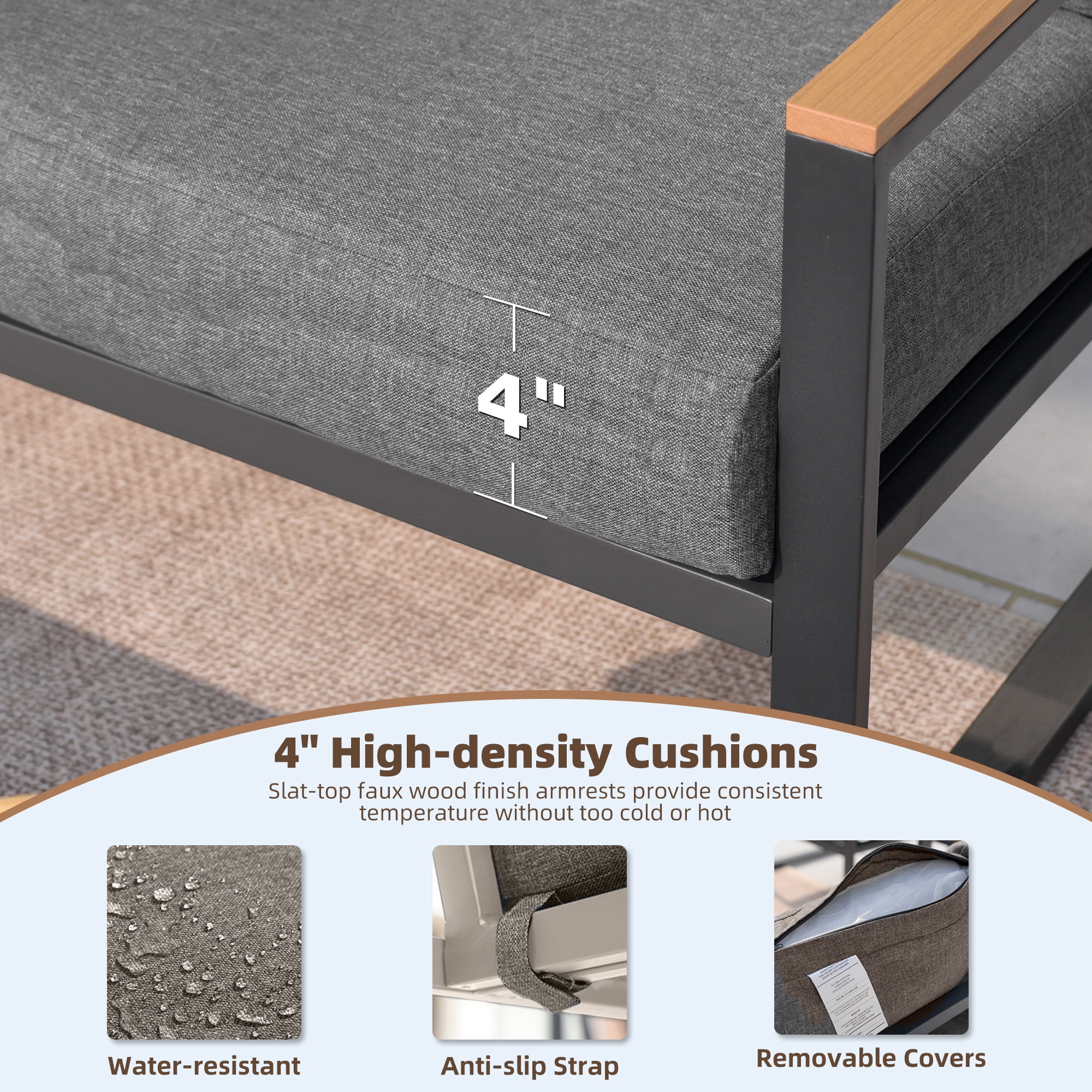 COMLAX FIELD 4-Piece Patio Furniture Set, Metal Outdoor Conversation Set with Coffee Table & Removable Cushions